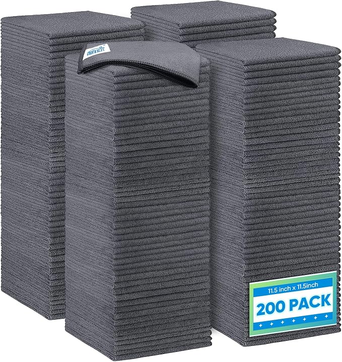 HOMEXCEL Grey Microfiber Cleaning Cloth 200 Pack, 11.5 x 11.5 inch Bulk Shop Towels | Reusable Cleaning Rags for Cars, Kitchen, Window, Garage and House, Ultra Absorbent, Lint Free, Streak Free