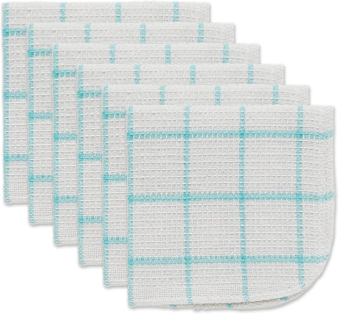 DII Scrubber Dishcloths Collection Windowpane Dishrag Set, 12x12, White/Aqua Stripe, 6 Piece