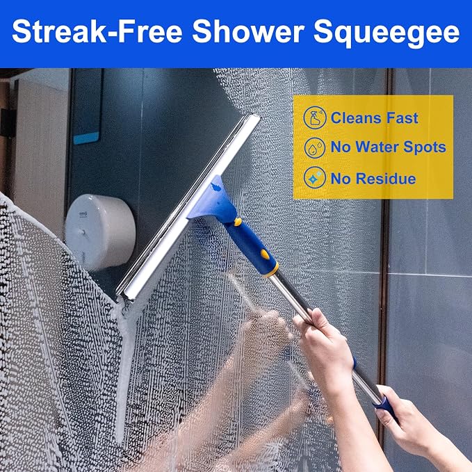 14" Window Cleaning Tool, All-Purpose Extendable Window Squeegee with 2 Blades and Stainless Steel Pole, Shower Squeegee for Glass Doors,Shower Doors, Windows, Bathroom and Car Windshields