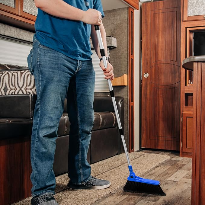 Camco Adjustable Broom and Dustpan - Portable & Compact Full Size Broom - Adjusts from 24-52 Inches, Ideal for RV, Marine, and Home Use (43623-A) | Multi-angle soft bristle head reaches tight corners, lightweight compact design for RV, camper, boat and...