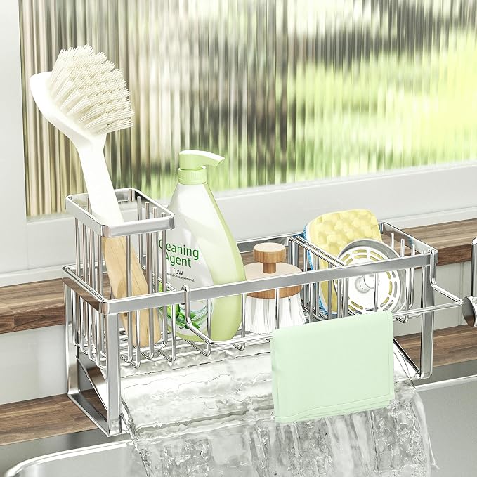 SWTYMIKI Sponge Holder for Kitchen Sink - Sink Caddy with Brush Holder and Stainless Steel Self Drain Tray, Sponge Caddy Organizer with Divider Kitchen Accessories Storage for Countertop, Silver