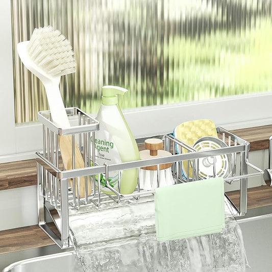 SWTYMIKI Sponge Holder for Kitchen Sink - Sink Caddy with Brush Holder and Stainless Steel Self Drain Tray, Sponge Caddy Organizer with Divider Kitchen Accessories Storage for Countertop, Silver
