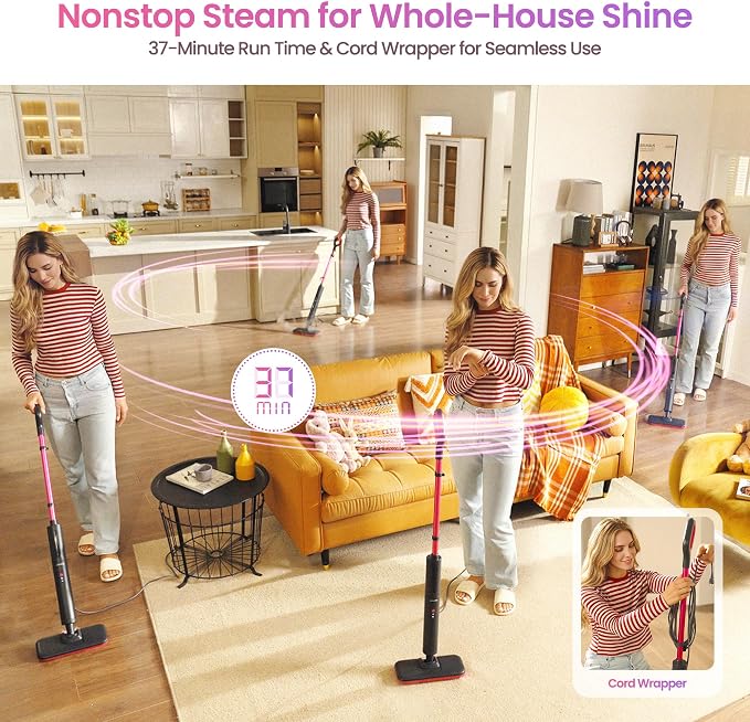 Schenley Lightweight Steam Mop for Hard Floors & Carpets | 3 Steam Modes, 10s Heat-Up, 248°F Steam, Up to 37 Min Steam Time, 20 ft Cord, Cord Wrap, Self-Standing, Chemical-Free