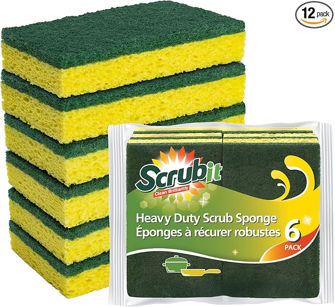 SCRUBIT Heavy Duty Scrub Sponge - Made from Tough Cellulose - Eco Friendly - Lasts for Months of Heavy Duty Kitchen Cleaning (12 Pack)