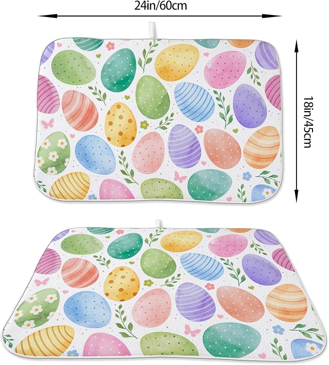 Spring Dish Drying Mat 18x24 Inches For Kitchen Counter Absorbent Colorful Easter Eggs Kitchen Decoration Green Yellow Purple Eggs Drying Mat Pad For Home Kitchen,Dining Room,Office Decor