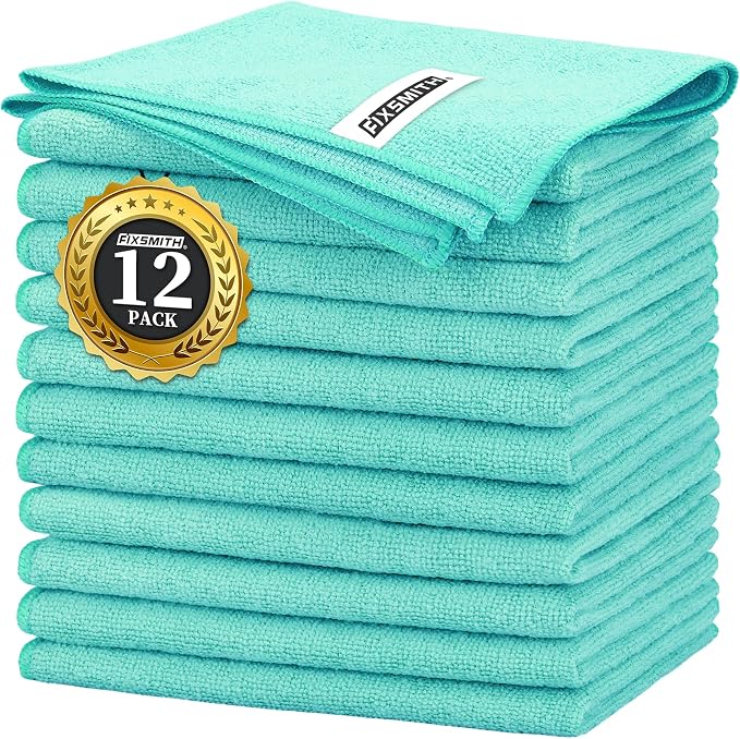 FIXSMITH Turquoise Microfiber Cleaning Cloth -Pack of 12, Highly Absorbent Cleaning Rags, 16"X12" All Purpose Cleaning Towels for Housekeeping, Kitchen, Car, Lint Free and Reusable Microfiber Towels