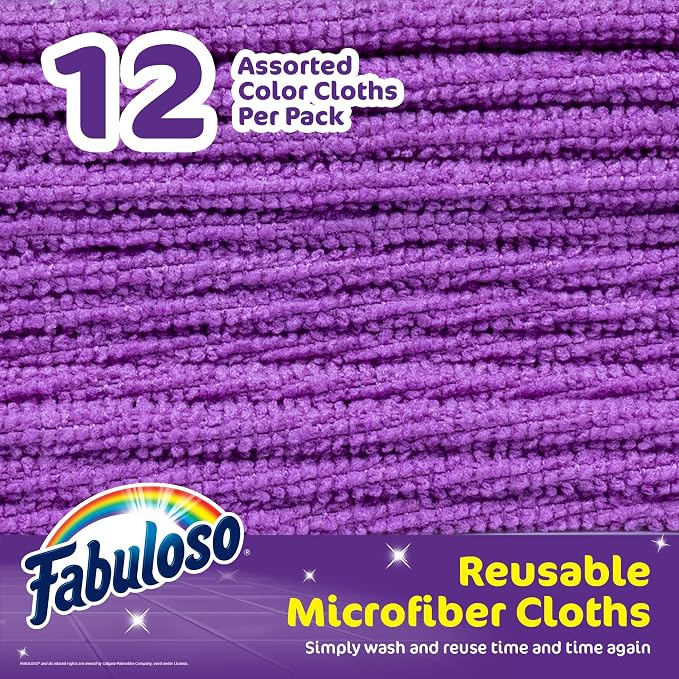 Fabuloso Microfiber Cleaning Cloths for Home & Car, Lint-Free Scratch-Free Rags for Glass, Kitchen & Wood, Reusable Machine Washable, Absorbent for Dusting & Wiping, Purple, 13 x 13 in, 12 Count