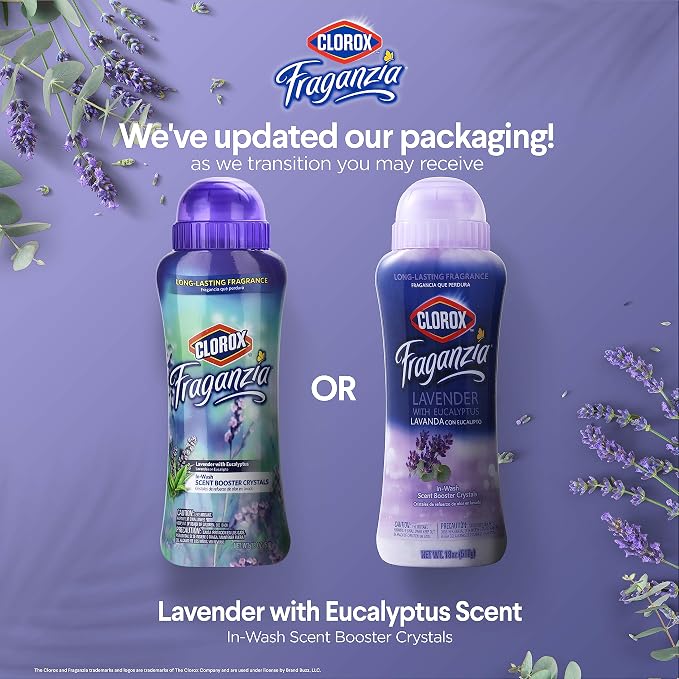 Clorox Fraganzia Laundry Scent Booster Crystals In-Wash Fragrance Beads Fresh-Smelling Clothes and Linens Safe for All Fabrics and Colors Lavender with Eucalyptus 18 OZ 2 Pack Twin Pack Value