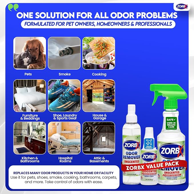 ZORBX Unscented Odor Eliminator Spray Set, 16+7.5+2 Oz, Hospital-Grade | Permanent Odor Remover for Pet & Human Urine, Smoke & Strong Odors, Carpet, Upholstery, Mattress, Bathroom, Basement & More