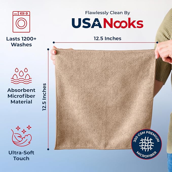 USANOOKS Microfiber Cleaning Cloth - Beige - 8Pcs (12.5x12.5 inch) High Performance - 1200 Washes, Ultra Absorbent Car Towel Traps Grime & Liquid for Streak-Free Mirror Shine - car Washing Cloth