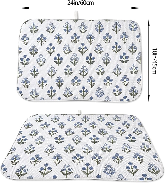 Block Print Dish Drying Mat 18x24 Inches For Kitchen Counter Boho Blue Flower Kitchen Decoration Drying Mat Modern Decorative Floral Drying Pad Mat for Home Kitchen Decor,Dining Room,Office