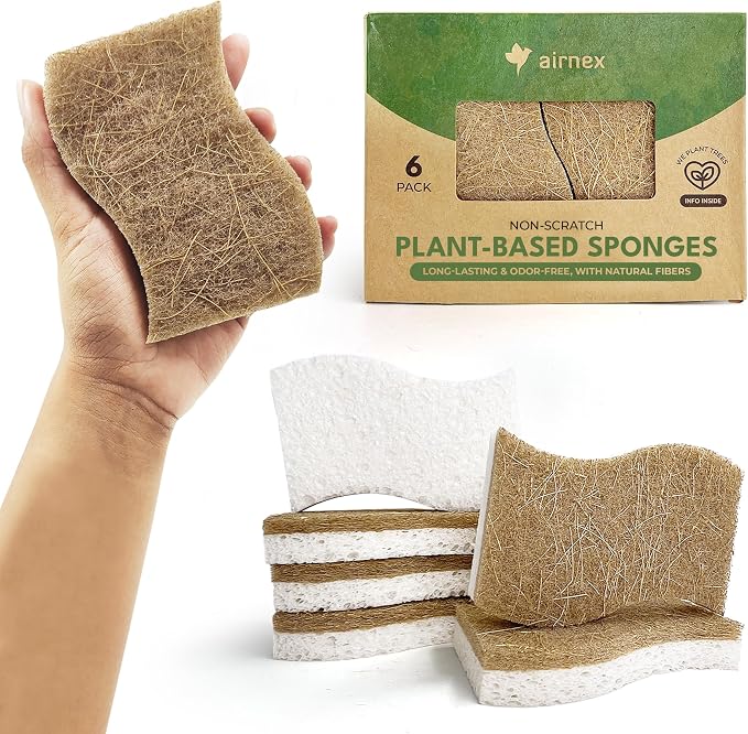 AIRNEX Natural Kitchen Sponges (6 Pack) - Biodegradable Cellulose & Coconut Scrubber Dish Sponges for Kitchen - Eco-Friendly, Non Scratch, Compostable, Non Toxic S-Shaped Natural Sponges for Dishes