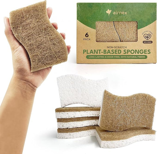 AIRNEX Natural Kitchen Sponges (6 Pack) - Biodegradable Cellulose & Coconut Scrubber Dish Sponges for Kitchen - Eco-Friendly, Non Scratch, Compostable, Non Toxic S-Shaped Natural Sponges for Dishes