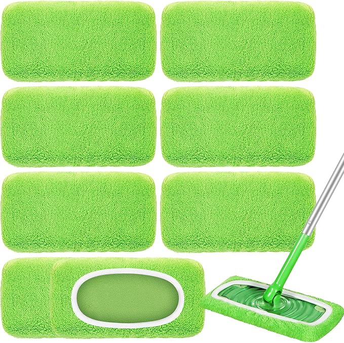 8 Pack Reusable Mop Pads Compatible with Swiffer Sweeper, Coral Fleece Washable Swiffer Pads, Dry & Wet Sweeping Mopping Cloths (Green, Not Included Mop)