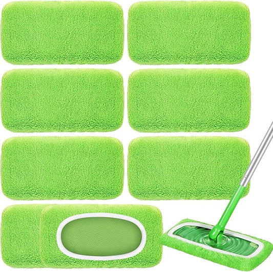 8 Pack Reusable Mop Pads Compatible with Swiffer Sweeper, Coral Fleece Washable Swiffer Pads, Dry & Wet Sweeping Mopping Cloths (Green, Not Included Mop)