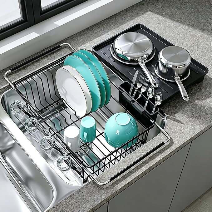 JASIWAY Black Sink Dish Drying Rack with Drainboard, Expandable Stainless Steel Dish Drainers for Kitchen Counter, Space Saving Dish Dryer Rack, Over The Sink Dish Racks with Utensil Holder