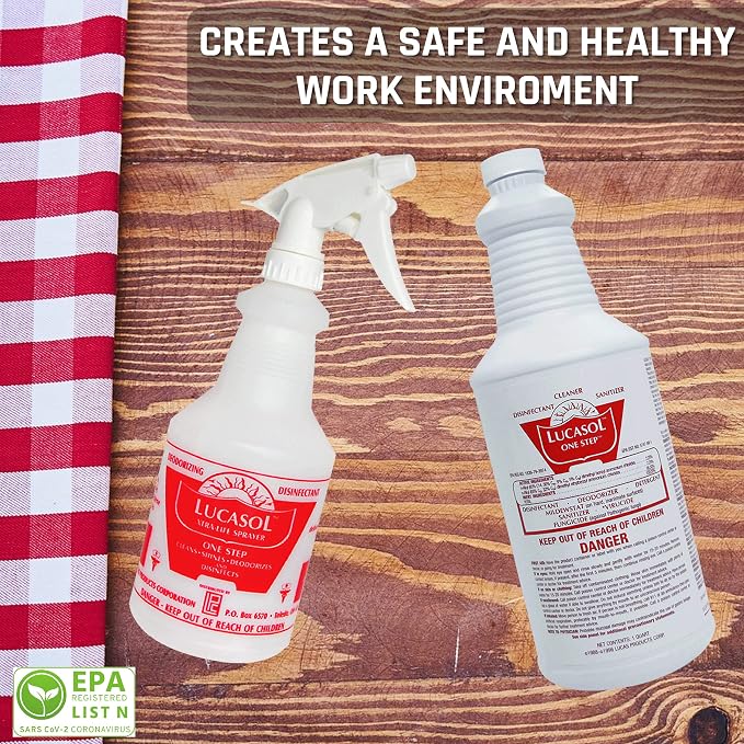 Lucasol One Step Disinfectant, 32 Fl Oz Disinfectant & 24 Oz Empty Refillable Spray Bottle Combo. Multi Purpose Cleaner Spray For Hospitals, Schools, Salons, Household Cleaning And More