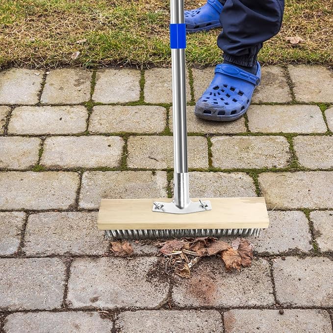 Heavy Duty Wire Brush,Deck Brush,Stainless Steel Floor Scrub Brush with Long Handle, 67" Heavy Duty Outdoor Push Broom, Moss Remover, Scratch Brush for Scrubbing Concrete, Patio, Garden, Garage