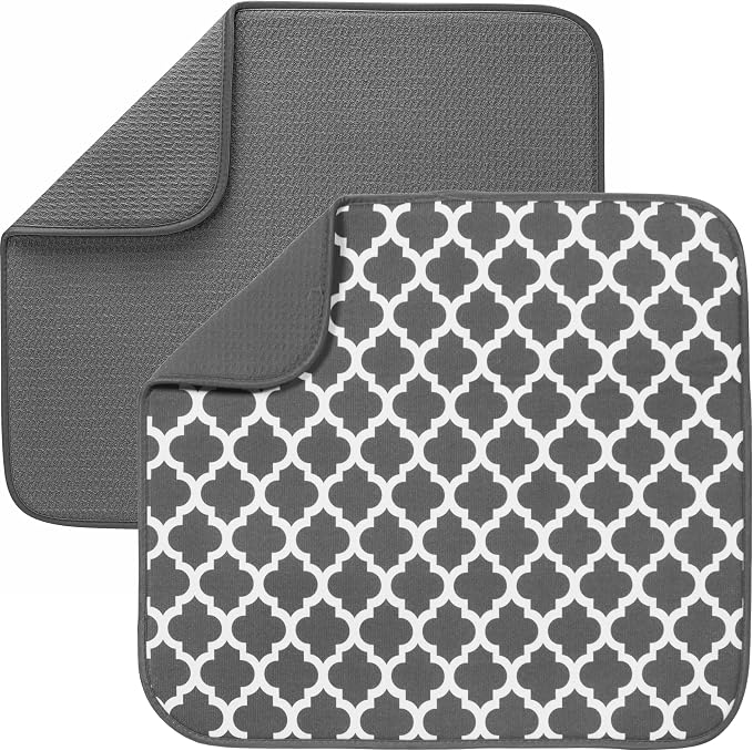 S&T INC. Dish Drying Mat, 2 Pack, 16" x 18", Large, Grey and Grey Trellis | Absorbent Microfiber, 2PK Kitchen Counter Mat for Dishes, Utensils, Pots and Pans, Machine Washable