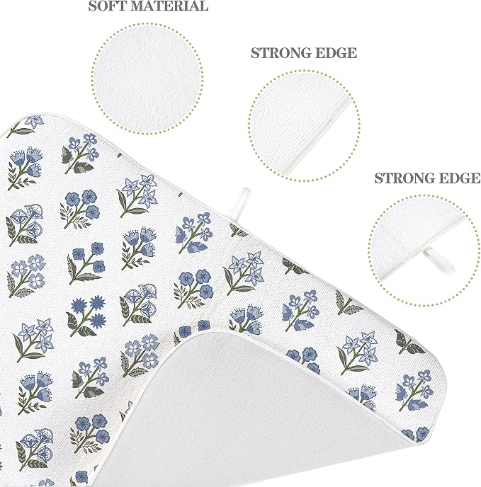 Block Print Dish Drying Mat 18x24 Inches For Kitchen Counter Boho Blue Flower Kitchen Decoration Drying Mat Modern Decorative Floral Drying Pad Mat for Home Kitchen Decor,Dining Room,Office