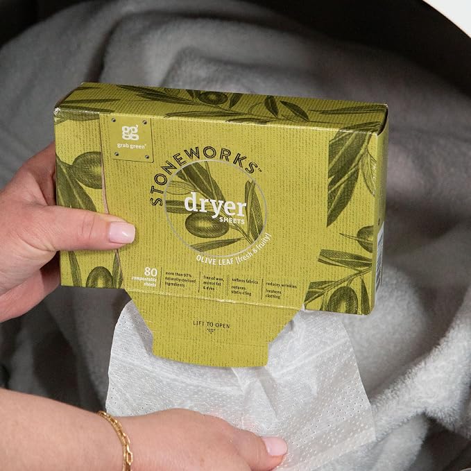 Grab Green Stoneworks Dryer Sheets, Olive Leaf, 80 Count, Compostable | Softens fabrics; Reduces Static; Cruelty-free; Plant & Mineral Based; No Harsh Chemicals