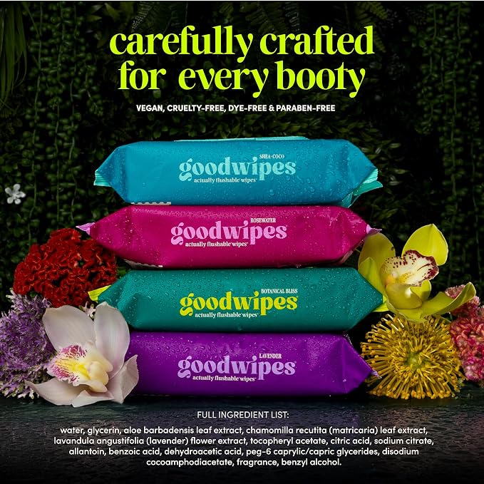 goodwipes Flushable Butt Wipes - Extra Large Adult Wet Wipes For Women & Men - Bathroom Essentials - Sewer & Septic Safe - Shea Coco & Botanical Bliss, 300 Count (6 Packs)