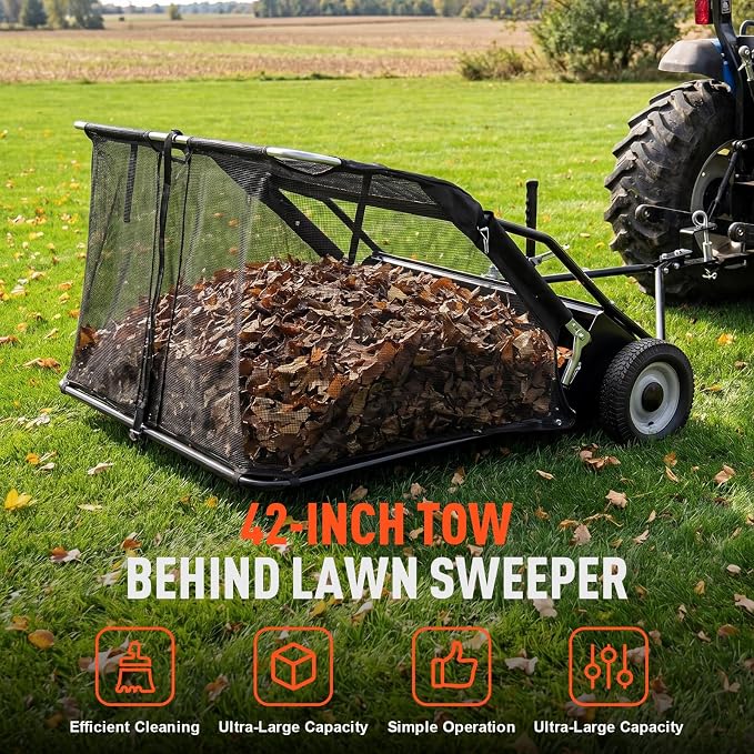 MAXLANDER 42-Inch Tow-Behind Lawn Sweeper with 12 Cu.Ft. Hopper, Adjustable Brush Height, Pull Behind Leaf & Grass Collector for Lawn Tractors