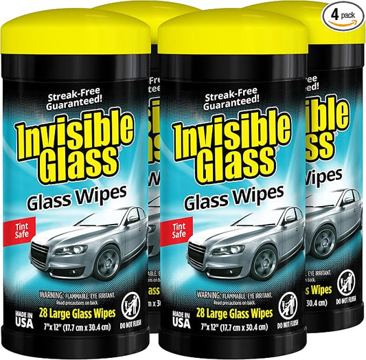 Invisible Glass 90166-4PK Large Glass Cleaning Wipes for Streak-Free Windows, Mirrors, and Glass, Lint-Free, Ammonia-Free, Tint-Safe, for Home and Auto, Canister, 28 Count (Pack of 4)