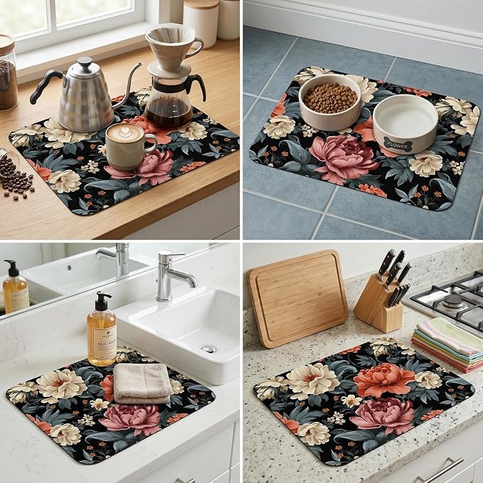 Floral Dish Drying Mat for Kitchen Counter Sink, Vintage Flower Absorbent Microfiber Pad, Reversible Washable Countertop Mat for Home Decor
