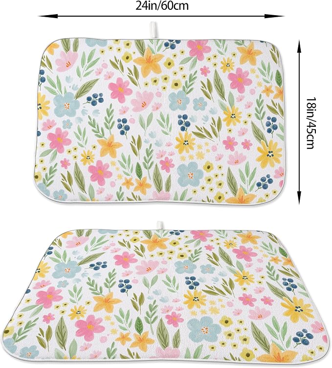 Spring Dish Drying Mat 18x24 Inches For Kitchen Counter Absorbent Pink Yellow Floral Kitchen Decoration Summer Colorful Flower Drying Mat Pad For Home Kitchen,Dining Room,Office Decor