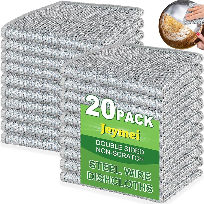Jeymei 20pcs Non Scratch Wire Dishcloth,Dish Cloths for Washing Dishes,Blue | Multipurpose Wire Dishwashing Rag for Wet and Dry,Metal Scrubbers for Cleaning Dishes,Dual-Sided Cleaning Cloth with Mesh