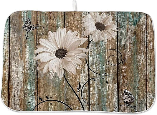 Floral Dish Drying Mat 18x24 Inches For Kitchen Counter Brown Daisy Flower Kitchen Decoration Drying Mat Decorative Floral Drying Pad for Kitchen Dining Room Decor