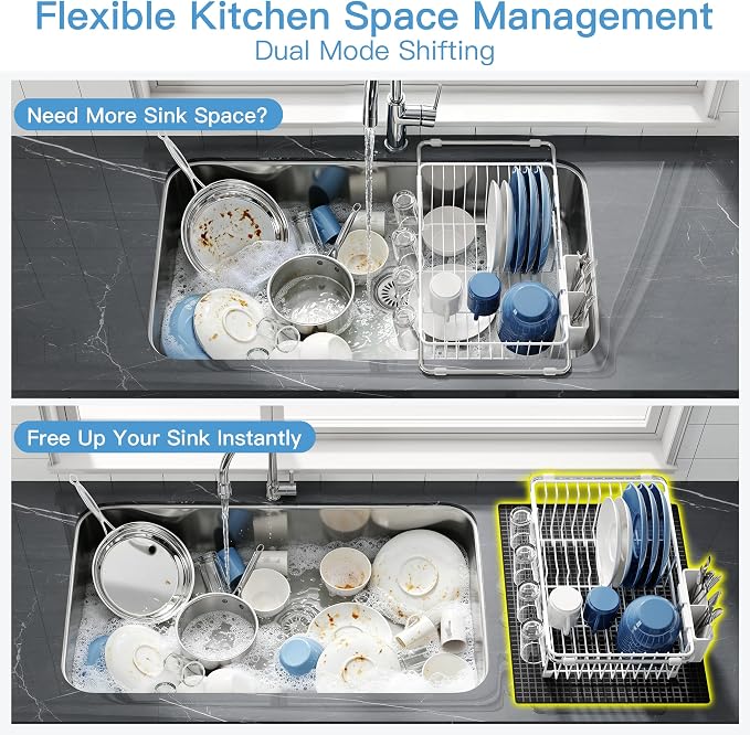 JASIWAY White Dish Drying Rack in Sink with Mat, Expandable Stainless Steel Dish Drainers for Kitchen Counter, Space Saving Dish Dryer for Inside Sink, Over Sink Dish Racks with Utensil Holder