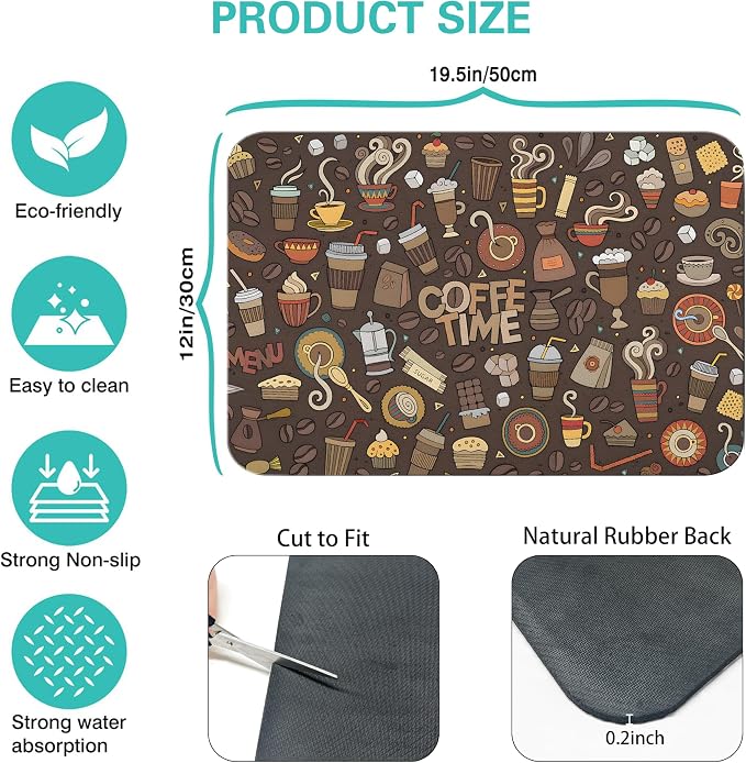 Coffee Bar Mat Accessories for Countertop Super Absorbent Anti-Slip Silicone Dish Drying Mats for Kitchen Counter Draining Pad Decor Gift Fit Coffee Maker Coffee Pot Espresso Machine 19inx12in