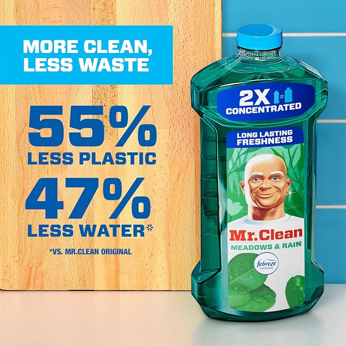 Mr. Clean All Purpose Cleaner, Floor Cleaner for Mopping Home, Bathroom, & Kitchen, Cleaning Liquid for Mop & Bucket, Cleaning Supplies, Multi-Surface Dilutable, Meadows & Rain, 41oz (Pack of 2)