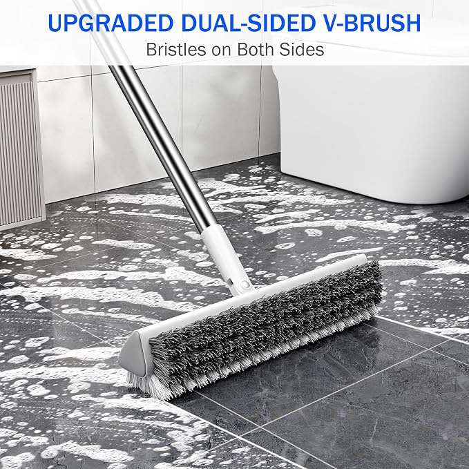 Grout Brush with Long Heavy Duty Handle, 180° Swivel Floor Scrub Brush, V-Shaped Grout Line Scrubber with Stiff Bristles, Cleaning Brush for Deep Cleaning Tile Grout, Shower, Kitchen, and Concrete