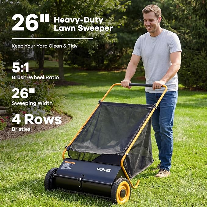 Garvee Push Lawn Sweeper, 26 in Leaf & Grass Collector with 7 cu. ft. Hopper Bag, Heavy Duty Yard Sweeper with Clear Dust Cover & Large Collection Bag for Lawn Yard Cleanup