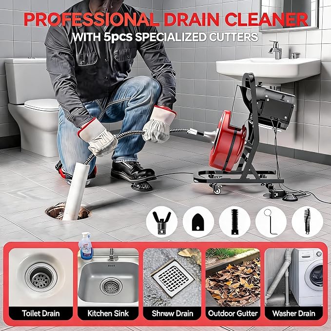 50FTx1/2 Inch Drain Cleaner Machine with Wheels, Sewer Snake Drain for 2" to 4" Pipes, Plumbing Snake Auger Cleaner with 6 Cutter & Foot Switch for Sewer, Sink, Toilet, Bathroom