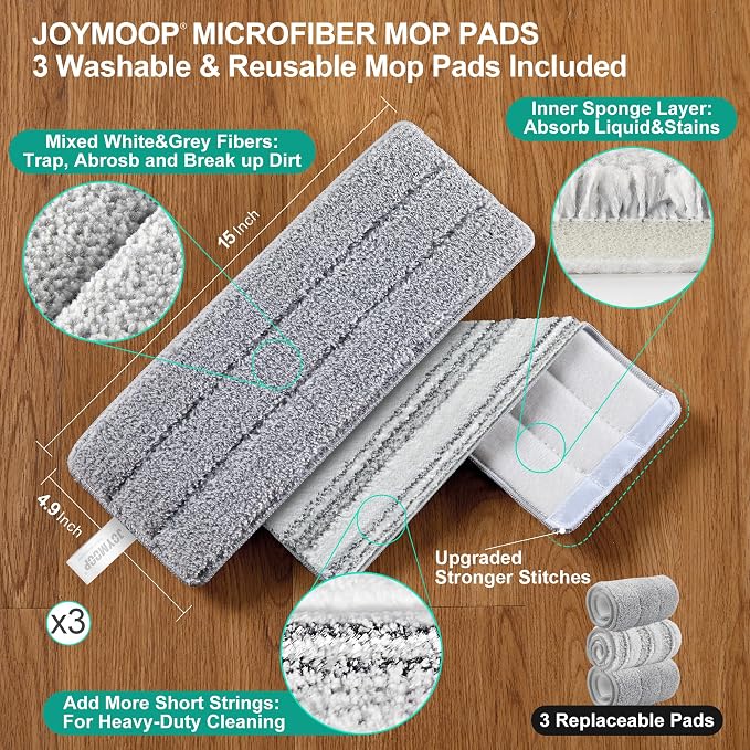 JOYMOOP Flat Mop System, Microfiber Mop and Bucket Set, Green, Commercial & Household Floor Cleaning Mop with Long Handle, Includes 3 Reusable 15" Pads