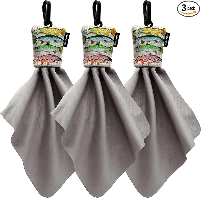 SPUDZ Classic Microfiber Lens Cleaner – Clip-On Pouch, Washable – for Binoculars, Scopes, Glasses, Screens | Four Trout, 10 x 10 Inch (3-Pack)