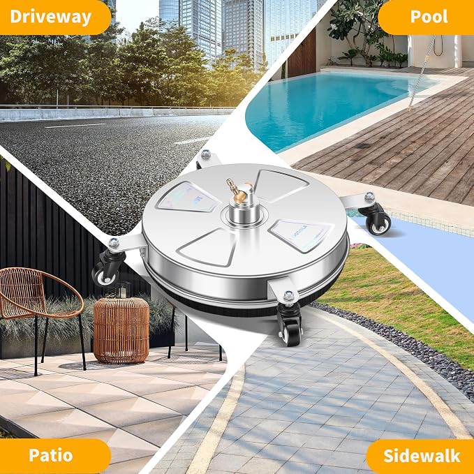 LidoDola 16'' Pressure Washer Surface Cleaner, Power Washer Accessory | Stainless Steel Housing with 4 Wheels, 1/4" QC, 2 Extension Wands & 2 Replacement Nozzles, for Gas & Electric Pressure Washer