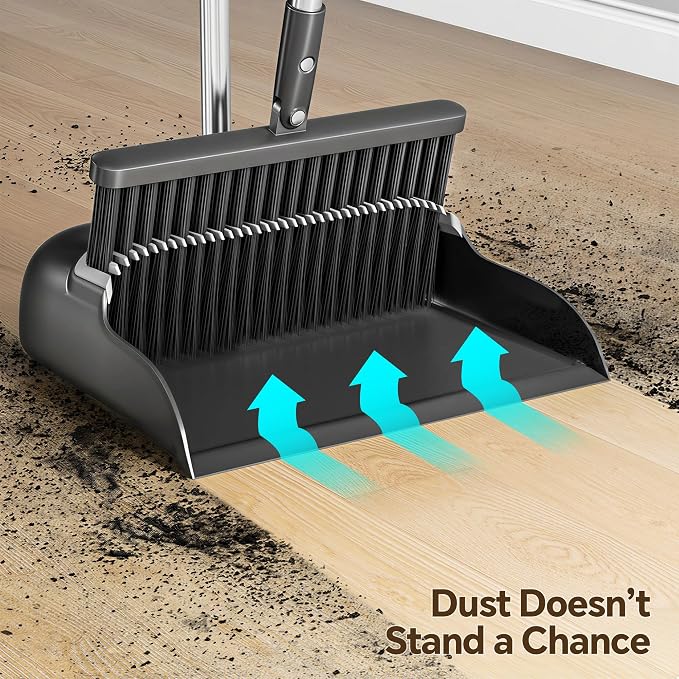 Broom and Dustpan Set, 52" Long Handle with Dust Pan Teeth, Black | Standing Broom with Dustpan Combo Set Clean Pet Hair, Easy Sweeping Suitable for Home Kitchen Office Lobby