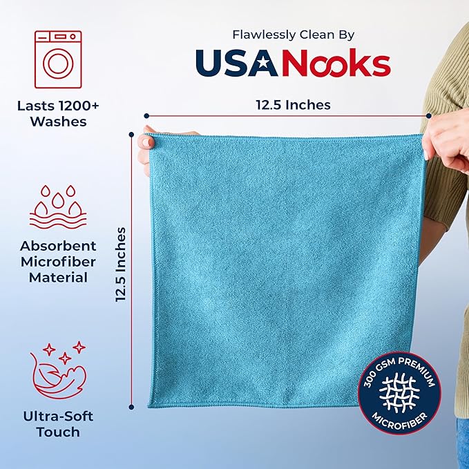 USANOOKS Microfiber Cleaning Cloth - Turq - 12Pcs (12.5x12.5 inch) High Performance - 1200 Washes, Ultra Absorbent Car Towel Traps Grime & Liquid for Streak-Free Mirror Shine - car Washing Cloth