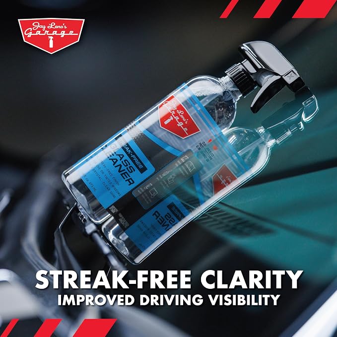 Jay Leno's Garage Glass Cleaner Spray – Streak-Free Auto Glass Cleaner for Cars, Automotive Window Cleaner for Car Windows, Windshields & Mirrors, Tint-Friendly Interior & Exterior Glass – 16 oz