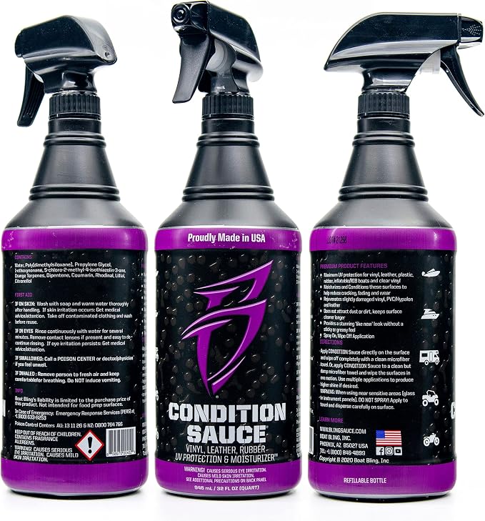 Boat Bling Condition Sauce Premium Interior Moisturizer w/UV Protection, 32 oz., for Boats, RVs, Powersport Vehicles and More | UV-blocking interior moisturizer helps prevent fading, cracking and discoloration on vinyl, leather, rubber and plastic