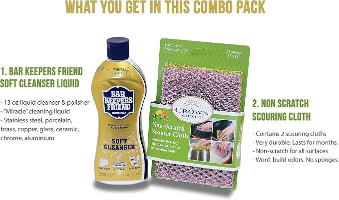 BAR KEEPERS FRIEND Soft Cleanser Liquid (13 OZ) and Non Scratch Scouring Scrubber Kit | Multipurpose, Stainless Steel, Rust, Soft Cleaner with Heavy Duty Non Scratch DishCloth