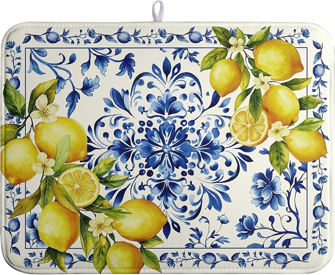 Lemon Dish Drying Mats Spring Summer Dish Mat Blue Chinoiserie Floral Drying Matt Dishes Dryer Pad for Kitchen Counter Absorbent Microfiber Washable Foldable Reusable 18x24 in