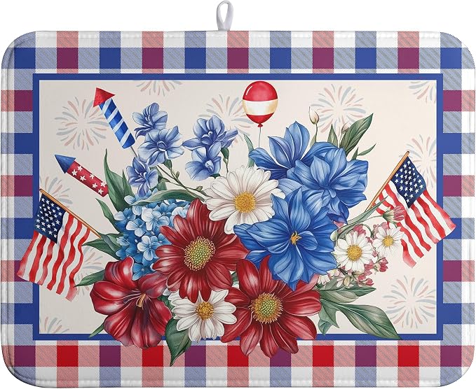 Patriotic Floral Dish Drying Mats 4th of July Flowers Dish Mat Blue Red Firework Drying Matt Dishes Dryer Pad for Kitchen Counter Absorbent Microfiber Washable Foldable Reusable 18x24 in