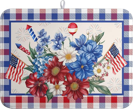 Patriotic Floral Dish Drying Mats 4th of July Flowers Dish Mat Blue Red Firework Drying Matt Dishes Dryer Pad for Kitchen Counter Absorbent Microfiber Washable Foldable Reusable 18x24 in