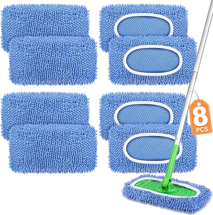 8 Pack Reusable Mop Pads Compatible with Swiffer Sweeper, Dry Sweeping Cloths & Wet Mopping Cloths - Microfiber Mop Pads for Hardwood Floors, Floor Cleaning, Wood Floors (Blue)